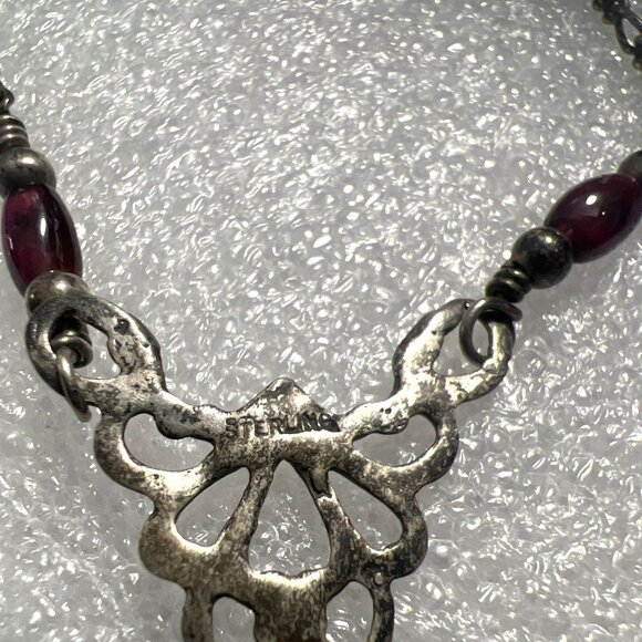 Italian Sterling Silver 925 18" Filigree Necklace Garnet Cabochon Drop KM Maker - Picture 9 of 14